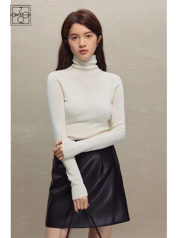 ZIQIAO 57.3% Wool Women Slim Pullovers Turtleneck All-Match Beige Commnuter Female Sweaters 2023 Winter New Black Pullover