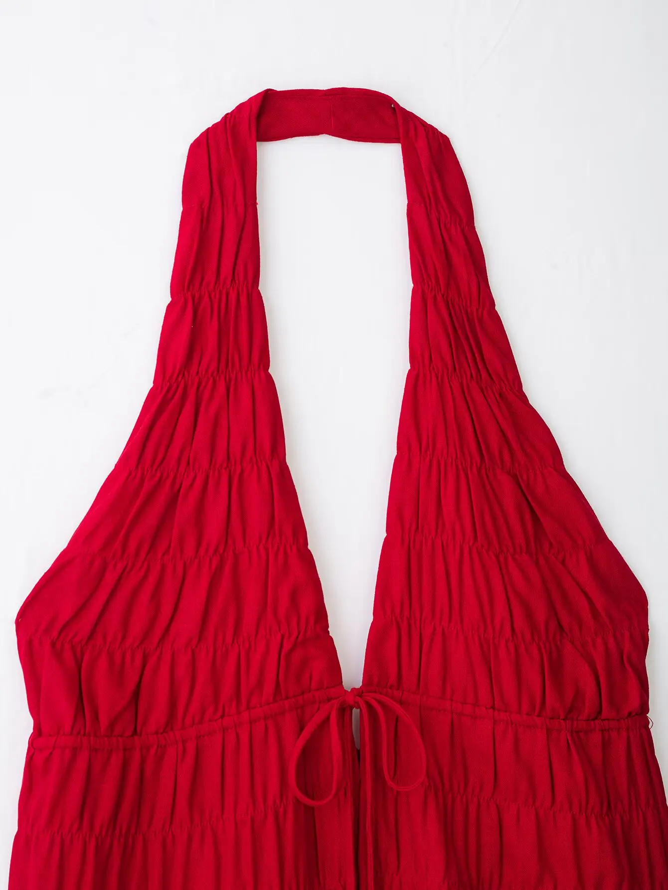 KONDALA Schicke Sommerliche Sexy Rote Damenanzüge mit Neckholder-Plissee-Weste + Langer Midirock mit Kordelzug – Modische Urlaubssets für Damen 2026 – Detail 5