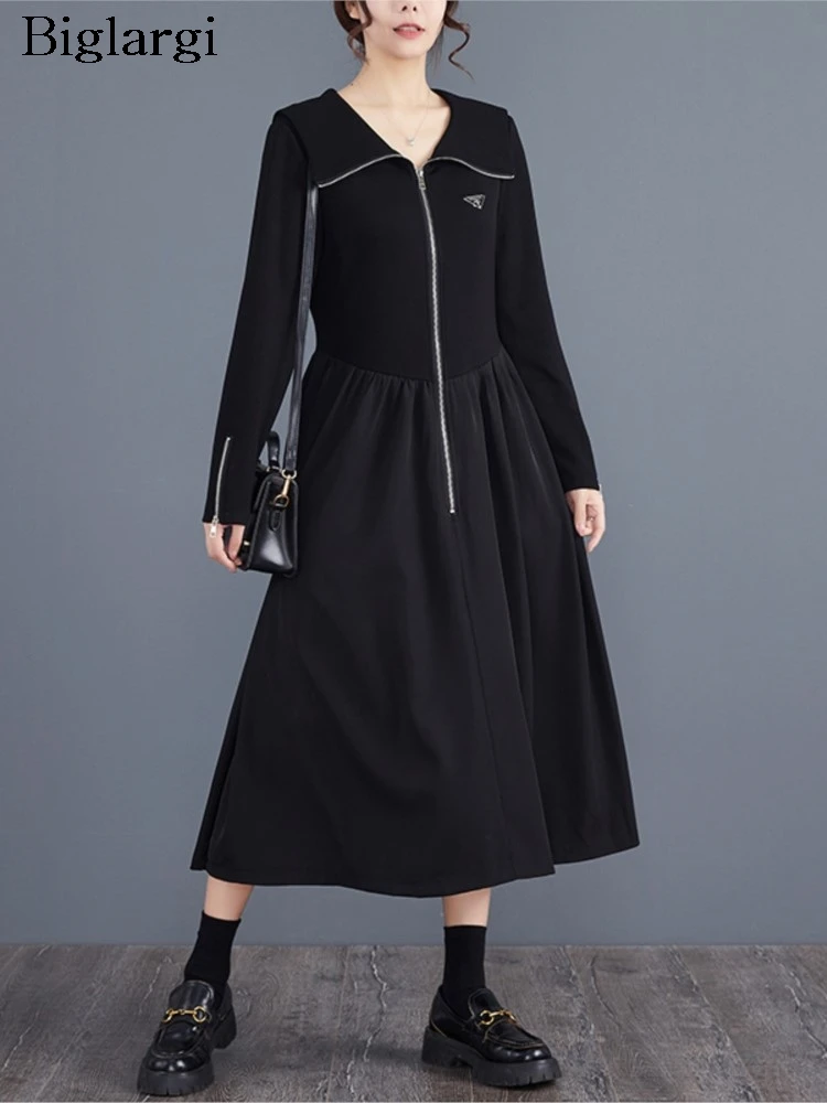 

Осеннее платье большого размера, женское модное плиссированное женское платье с тонкой талией и рюшами, свободное повседневное женское платье с длинным рукавом