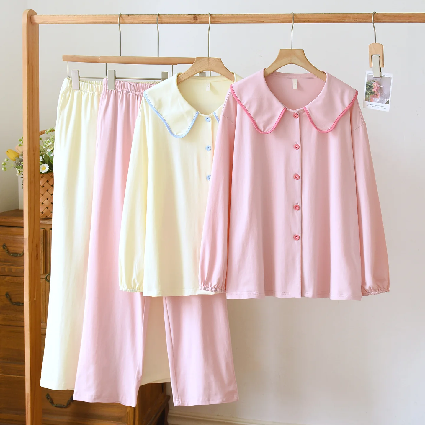 

Весенне-осенний тонкий стильный однотонный женский хлопковый пижамный комплект с брюками, домашняя одежда, комплект из двух предметов, женские пижамы