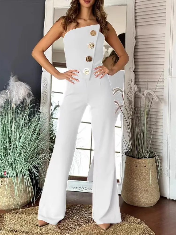 

Solid White Women's Jumpsuit Commuting Office 2024 Asymmetrical Bandeau Strapless Jumpsuit Metal Button Decor Casual Overalls