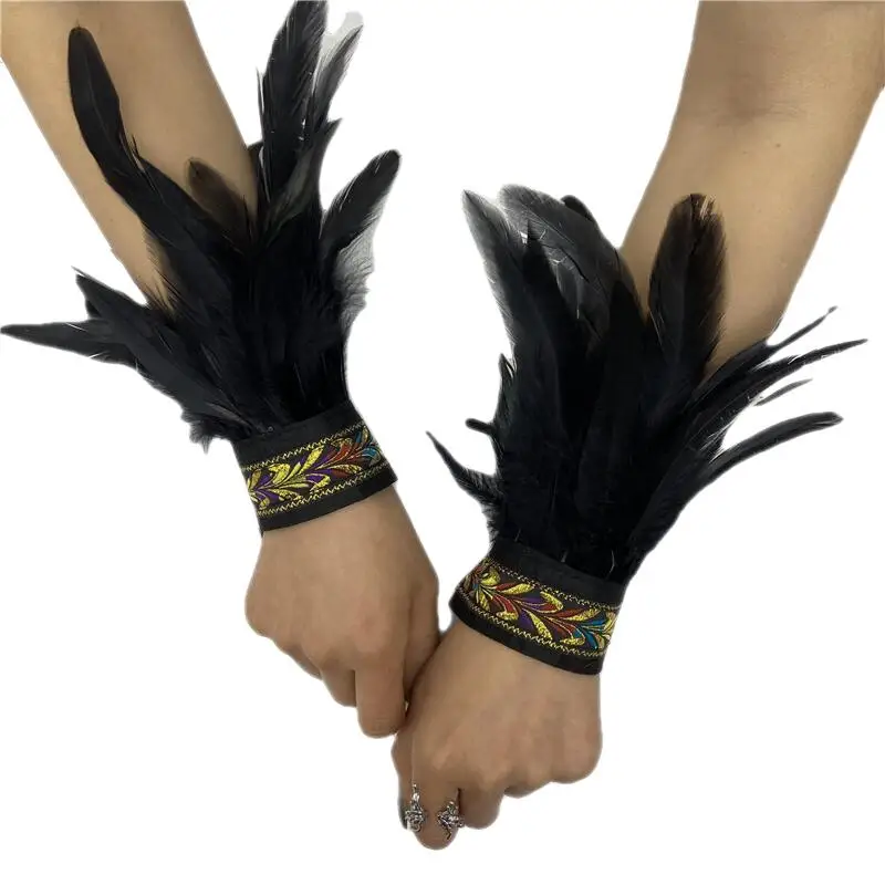 Y2k Goth Feather Gloves Cuff Removable Natural Fur Wrist Cuffs Wrap Bracelet Clothes Sleeves Accessories Fashion Retro Ancklets