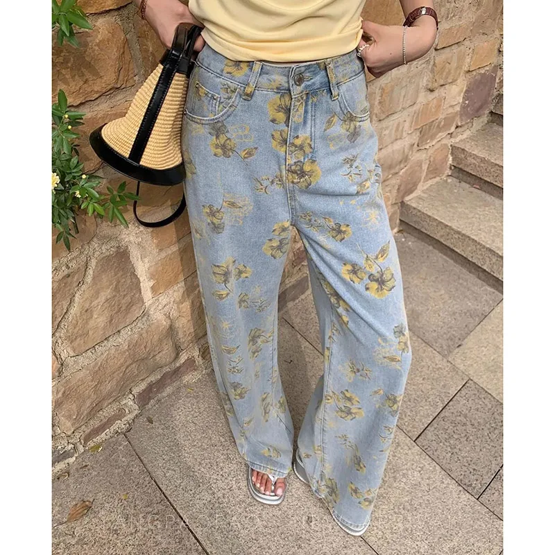 Celana Jeans Gambar Bunga Biru Retro Wanita 2025 Celana Denim Pinggang Tinggi Wanita Celana Jeans Harian Kasual Tipis Anak Perempuan