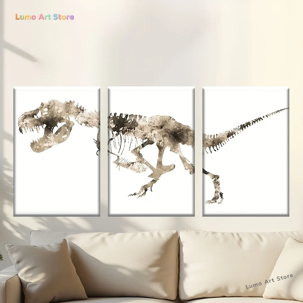 3pcs Set Watercolor Dinosaur Wall Art Paintings - Unframed Triosaurus (T-Rex) Skeleton & Fossil Record Line Art, Room Decor,