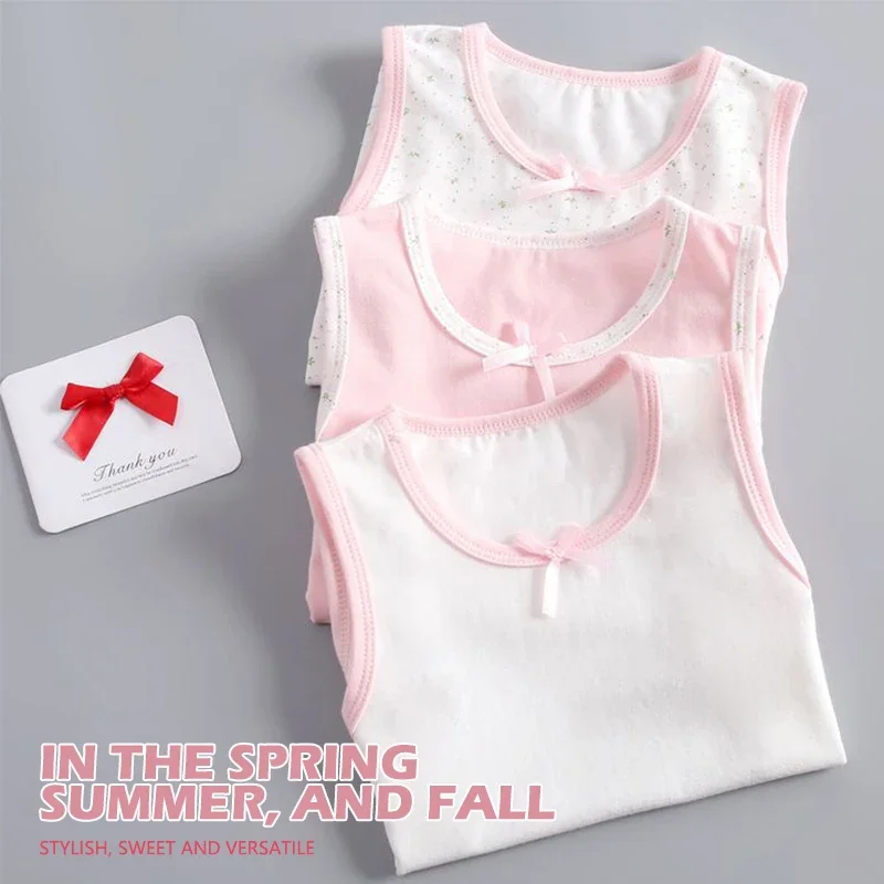 Summer Girls Tank Top Solid Color Floral Cotton Kids Underwear Girls Casual Strappy Camisoles Tops Bow Tie Square Collar Ages3-8