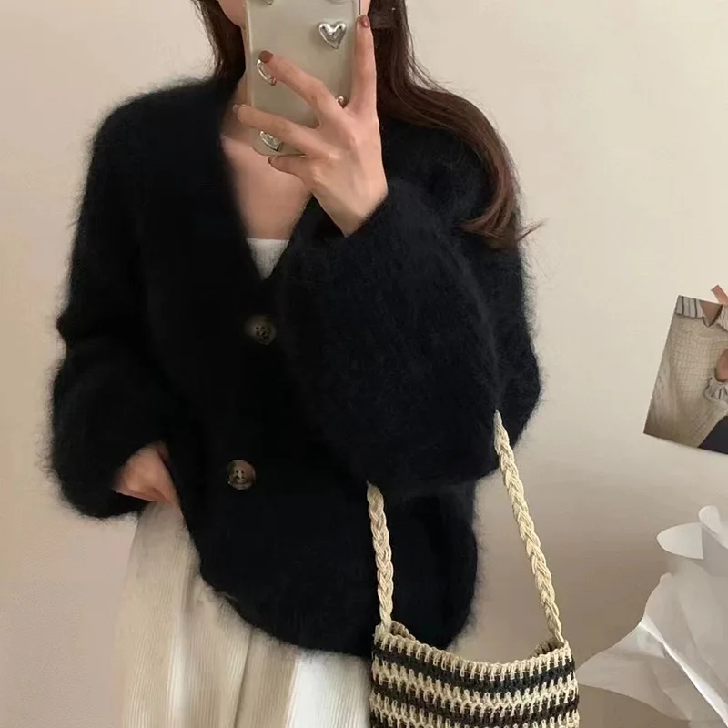 เสื้อสเวตเตอร์ถักแบบหลวมสำหรับผู้หญิง เสื้อคลุมคาร์ดิแกนทรงเข้ารูป เสื้อคลุมสไตล์เกาหลีสำหรับสาวๆ เสื้อสเวตเชิ้ตลำลอง เสื้อคลุมสำหรับฤดูใบไม้ร่วงและฤดูหนาว