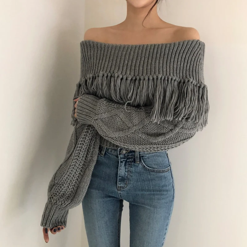 Korean Off Shoulder Tassel Sweater Vintage Yellow Women Loose Long Sleeve Twist Knitted Pullovers 2022 Sexy Crop Sweaters Jumper
