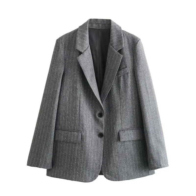 

2026 Spring New Fashion Striped Suit Jacket Single Breasted Women's Vintage Patch Designs Lapels Long Sleeves Female Lady Tops