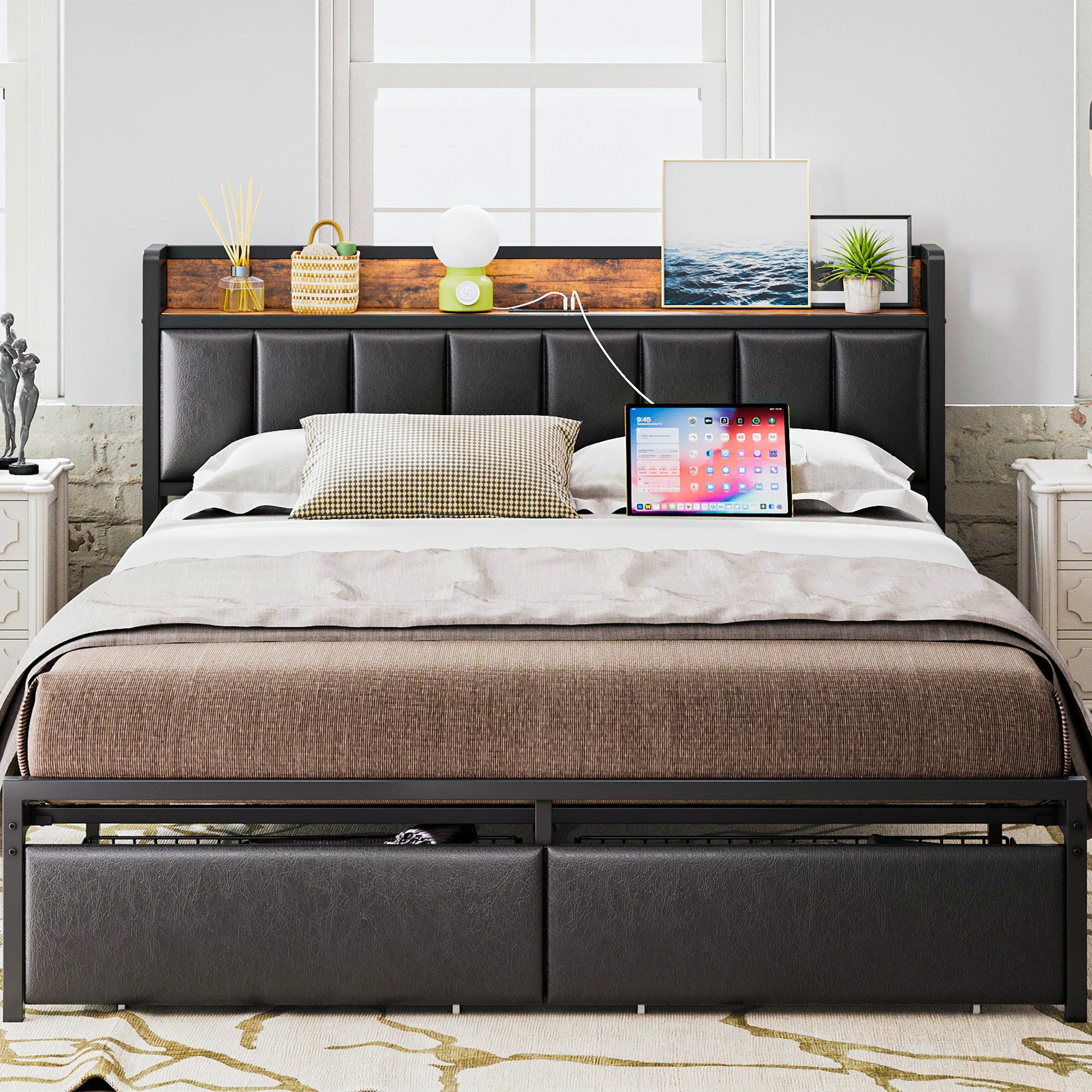 Bed Frame, Storage Headboard with Charging Station, Platform Bed with Drawers, No Box Spring Needed, Easy Assembly