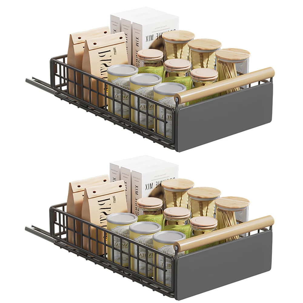 Organizador de Gabinetes Extraíble, Cajones Deslizantes Profundos con Guías, Asas de Madera, Cajones Extraíbles Metálicos para Gabinetes de Cocina