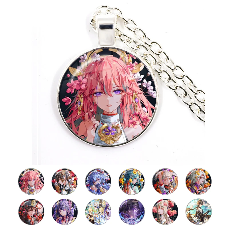 Japan Cartoon Anime Genshin Impact Pendant Necklace Game Character Cosplay Yae Miko Xiao Zhongli Crystal Choker Jewelry Gifts