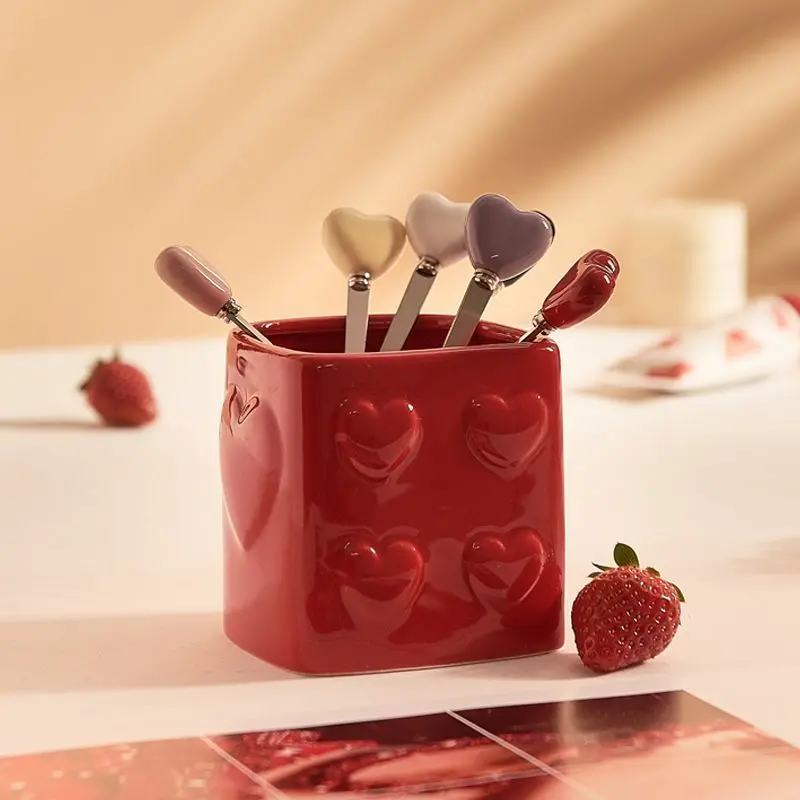 Fruit Fork Ceramic Storage Can Creative Light Luxury Household Fruit Sign Stainless Steel Celebrity Girl's Heart Fork Set