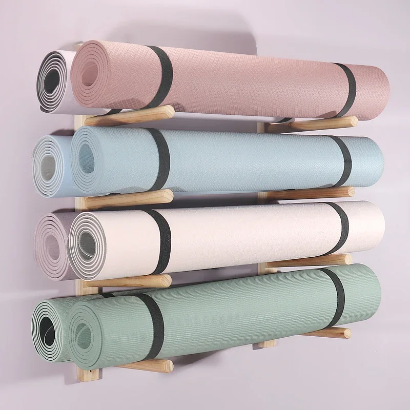 Solid Wood Yoga Mat Stand Multi-layer Wall Mounted Rack Foam Massage Roller Storage Rack for Yoga Studio Pilates Organize Shelf