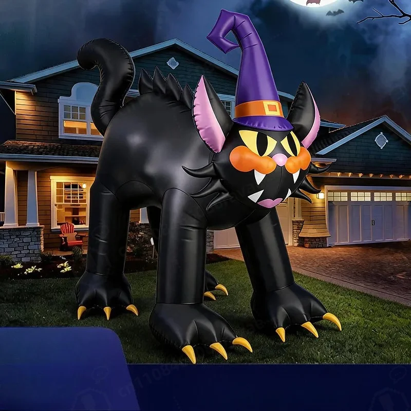 Large Black Cat Inflatable with Witch Hat LED Light Up Halloween Outdoor Garden Yard Lawn Decoration Ornament