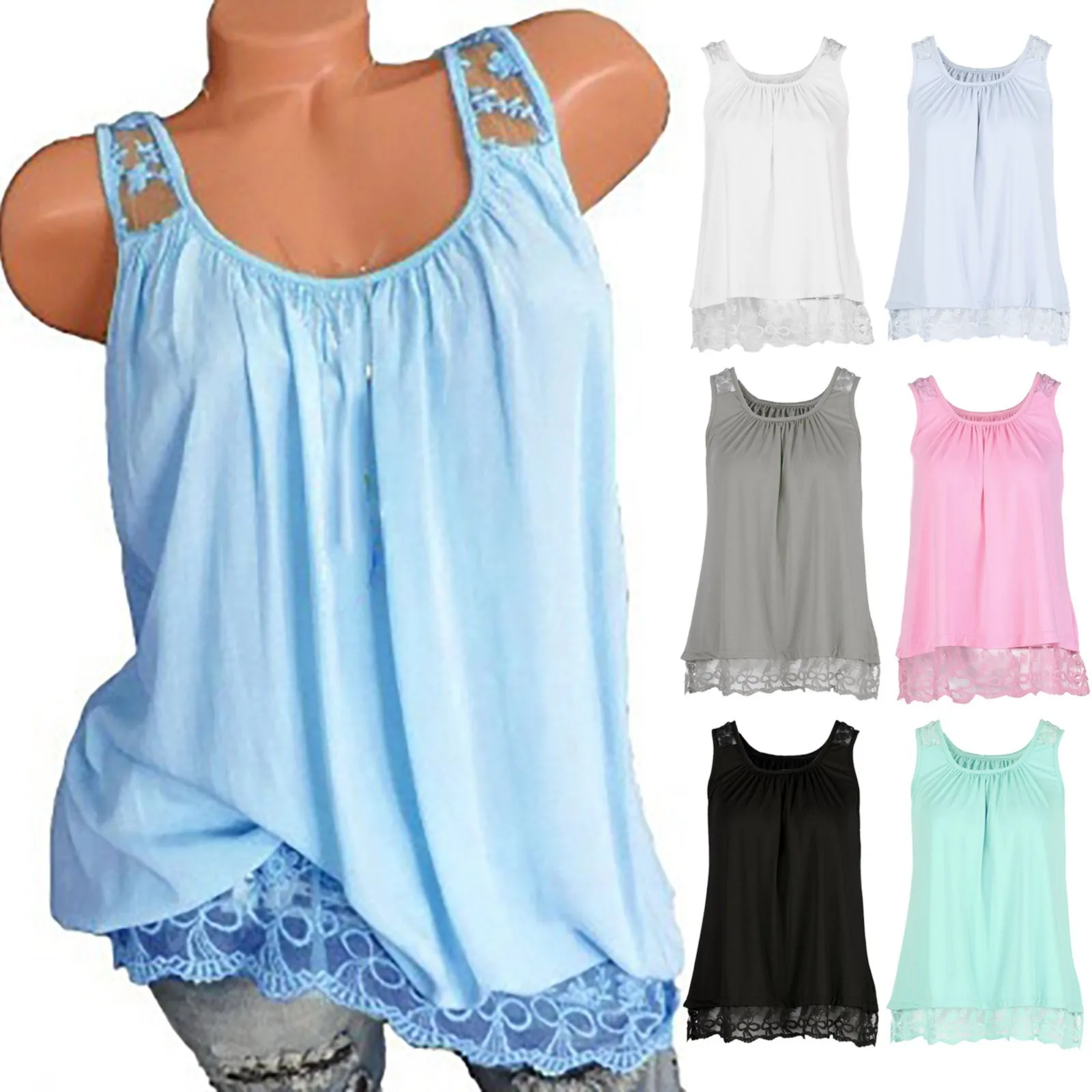 

Summer Fashion Ladies Round Neck Solid Color Strapless Lace Hem Tank Top