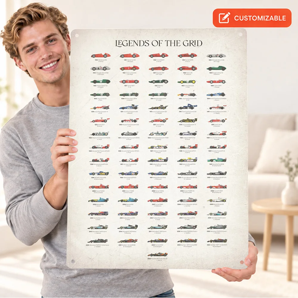 Legends Of The Grid Race Cars Motoring Design Aluminum Poster Customized Metal Sign Graphic Illustration Wall Art For Man Cave