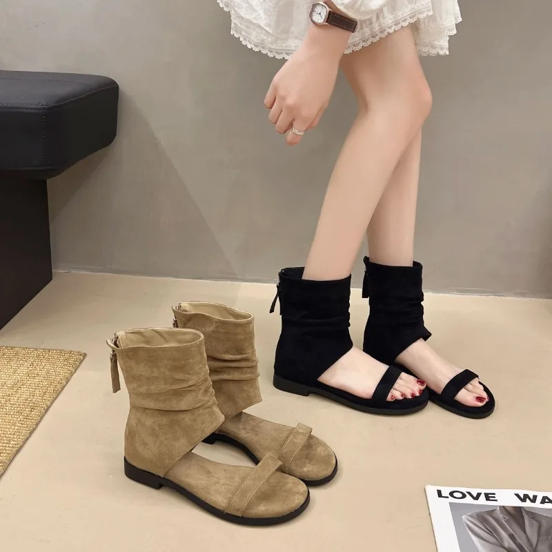 

Новинка 2023 года, женская обувь на низком каблуке, сандалии, женская обувь на молнии, модные женские сандалии с открытым носком, ботильоны