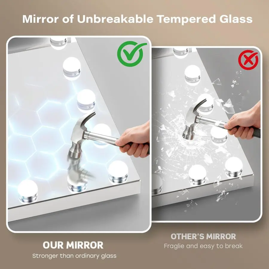 Large Vanity Mirror with Lights, Hollywood Makeup Mirror with 15 Dimmable Bulbs 3 Light Colors, Detachable 1X 10X 15X Magnificat