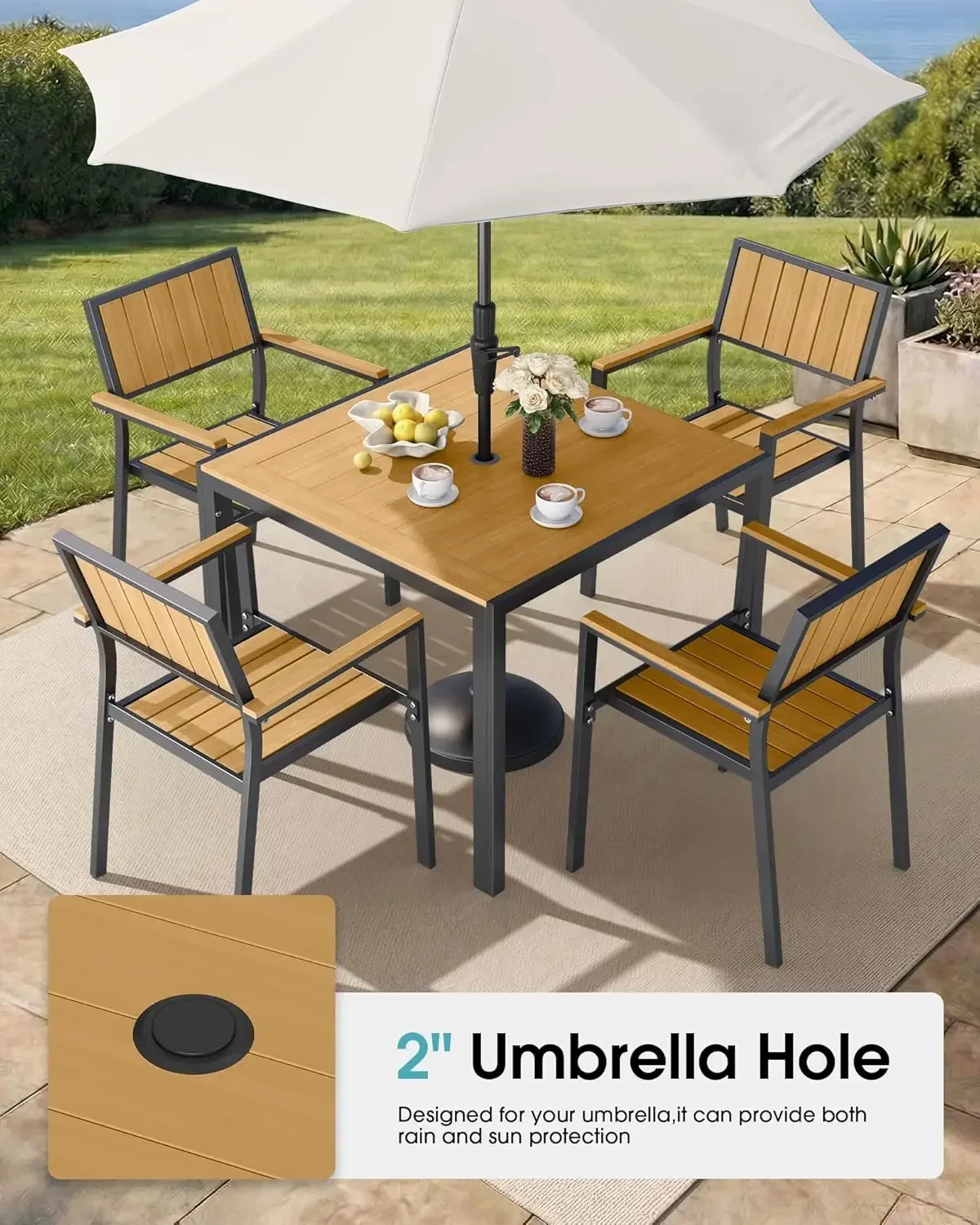 Aluminum Outdoor Dining Sets for 4, Patio Square Table and Stackable Chairs Set with Umbrella Hole, All-Weather HDPS Durable Fur