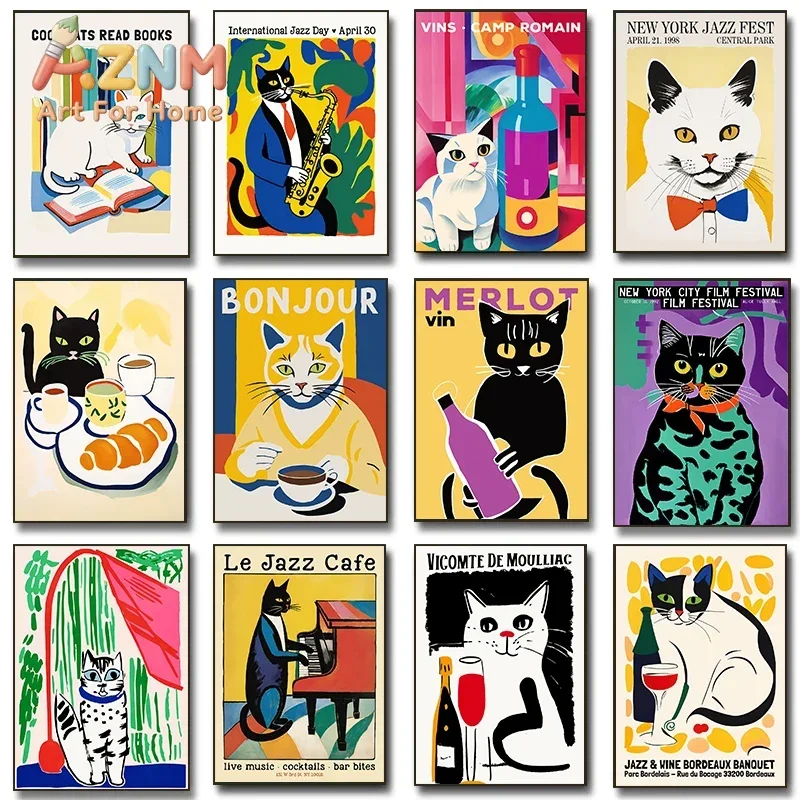 AZNM Retro Jazz Cat Canvas Wall Art Colorful Vintage Poster Style Cat Reading Wine Coffee Music Art Print Unframed Canvas Poster