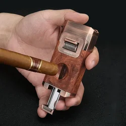 Deluxe Cigar Lighter with V Shape Knife Cigar Holder Dual Nozzle Flame Butane Refillable Torch Lighter Smoker Gift