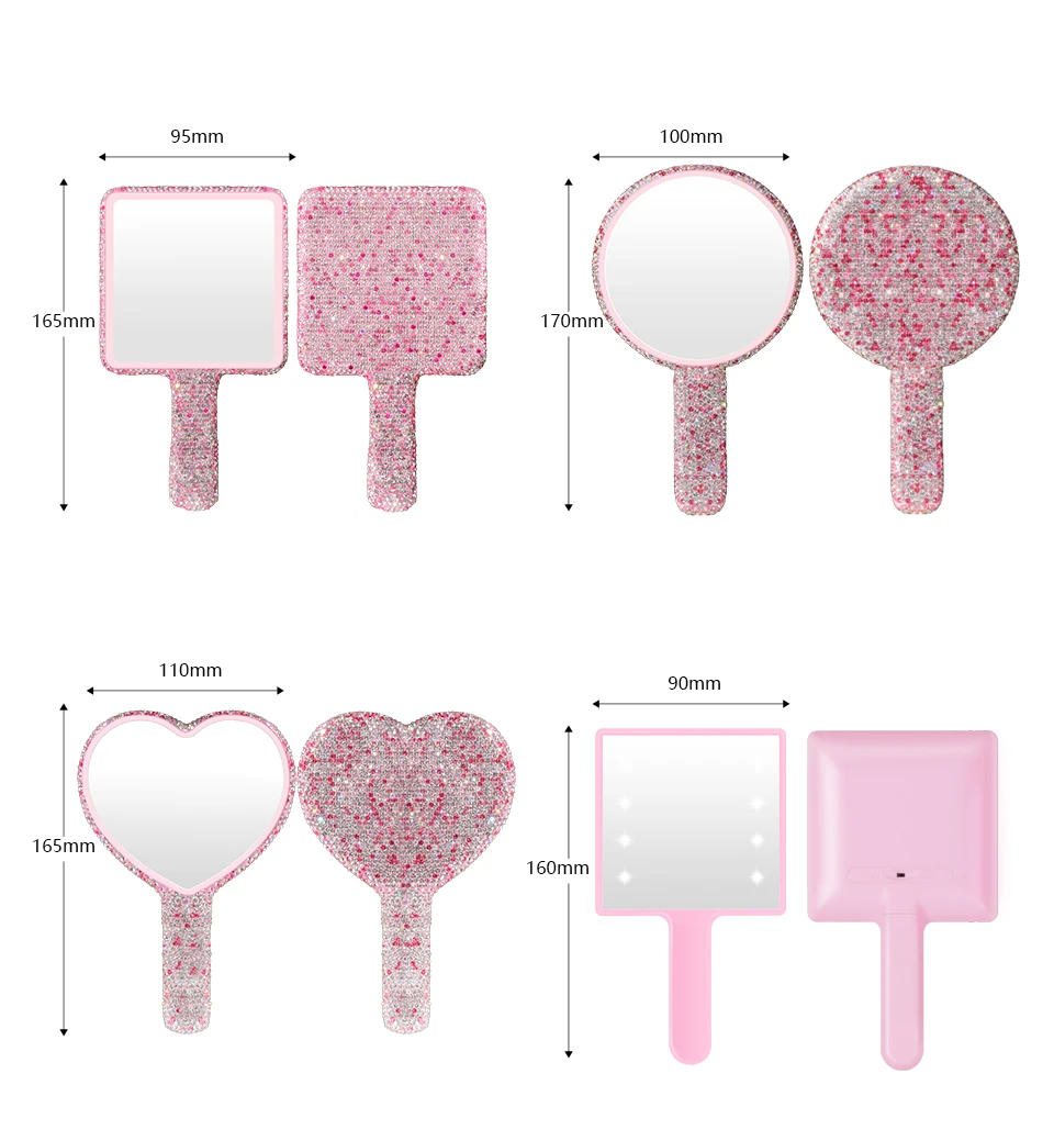 Led Smart Pearl Diamond Handle Makeup Mirror Cosmetic Beauty Tools Pink Silver Black Heart Glitter Mirror Cat Handheld Mirrors