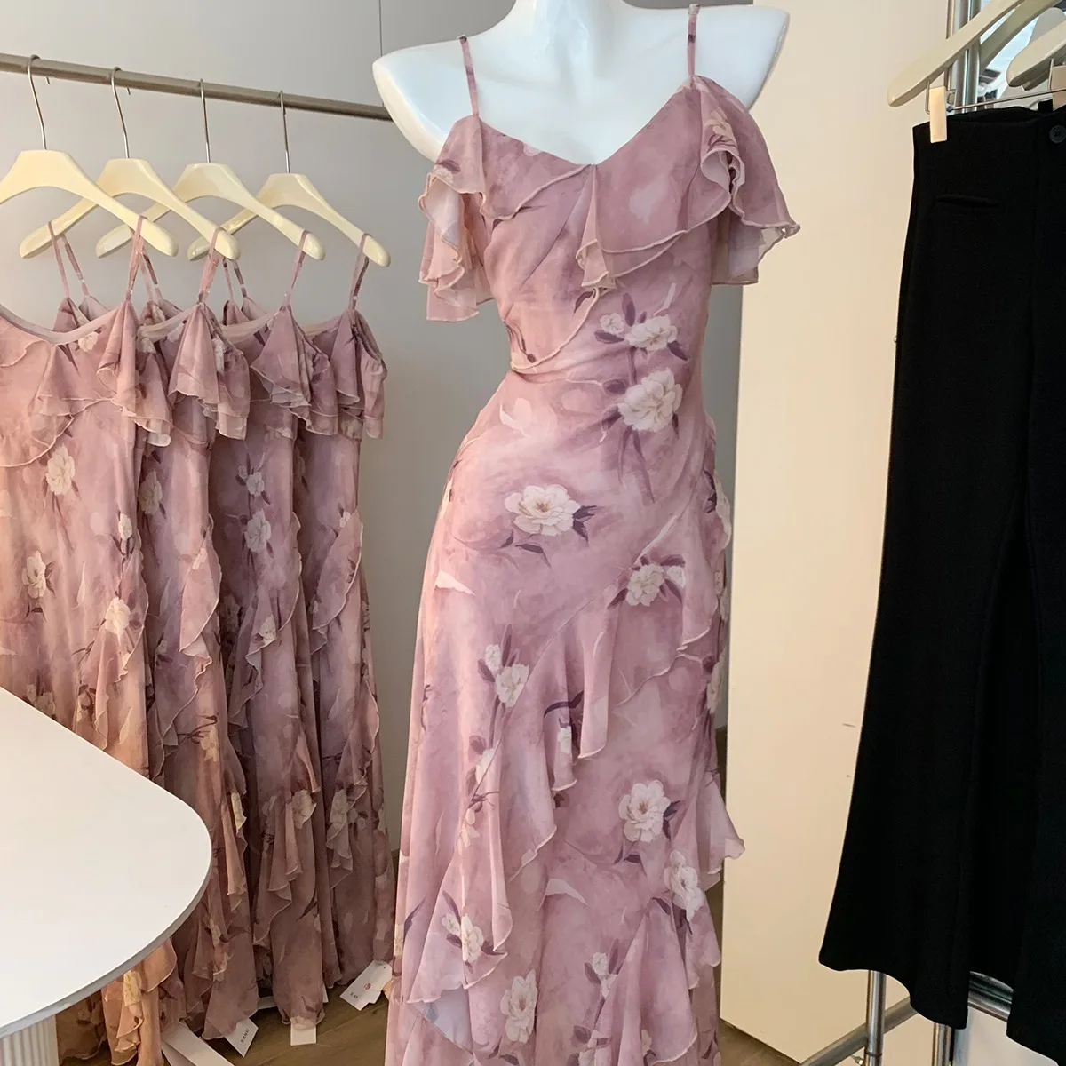 Ele Floral Print One-oulder ter Dr Women's Waist-Cinching Long Skirt Ci Commute ort Sve Polyester Fiber