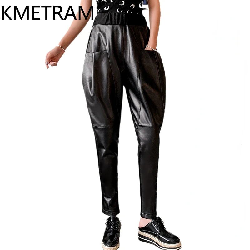 

KMETRAM Real Sheepskin Women Pants Autumn Winter Trousers Genuine Leather Harem Pants Women Clothing High Waist Pantaloni Donna