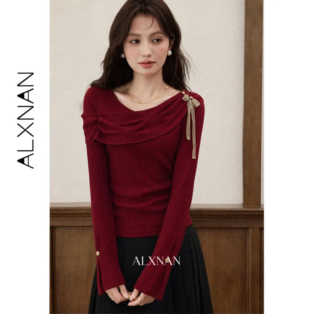 ALXNAN Red Long Sleeve T-shirt Women Autumn Slash Cowl Neck Shoulder Ruched Elegant Pullover Flared Sleeve Top Ladies DYL663118