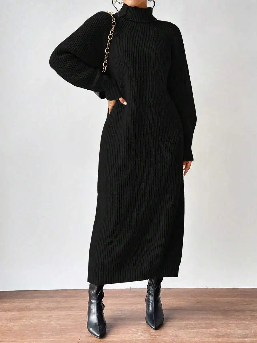 

Black Ribbed High Neck Loose Raglan Sleeve Knit Sweater Dress for Women
