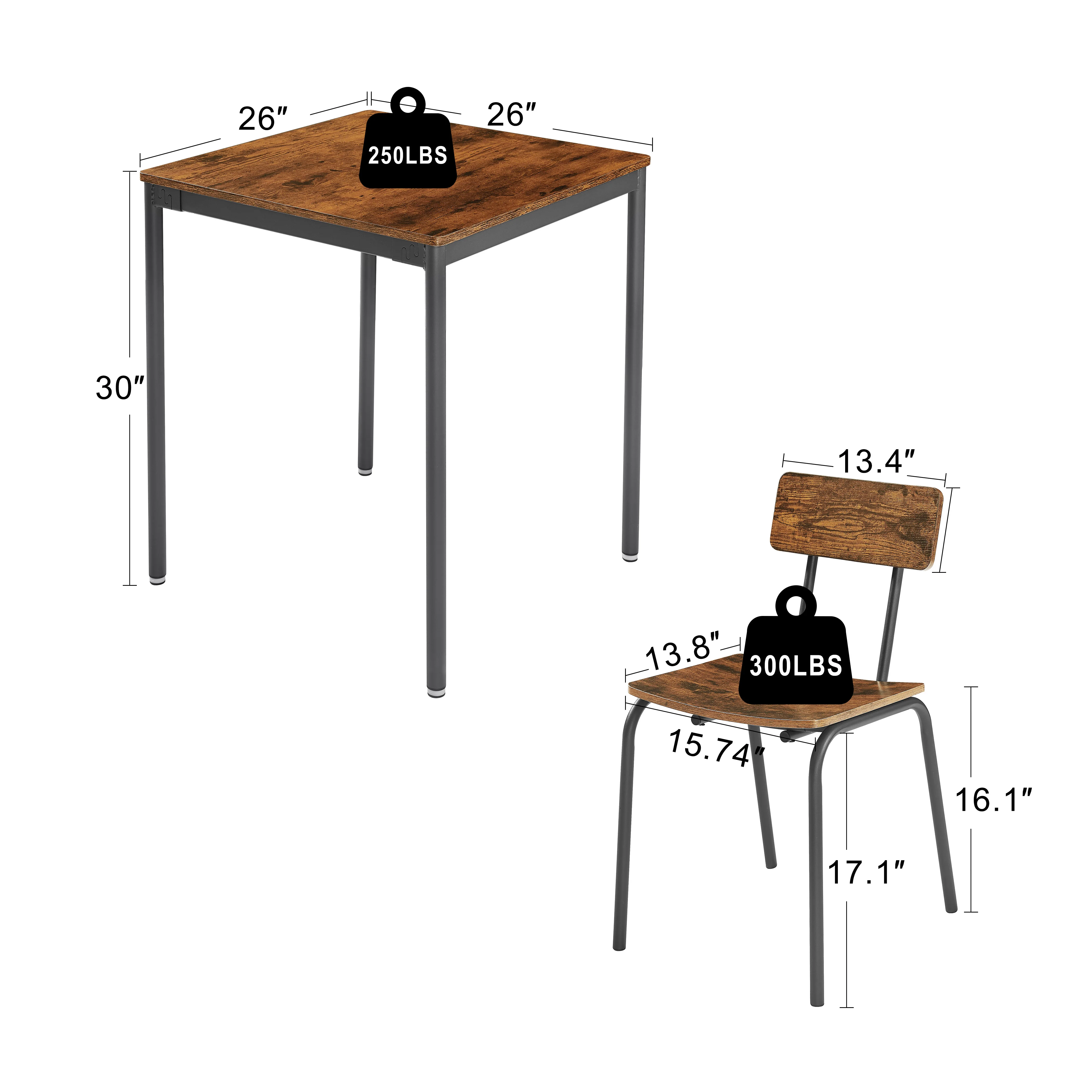 3pcs Dining Table Chair Set Breakfast Table+2 Chairs Curved Cushion&Backrest Fit the Human Body More Comfortable Rustic Brown