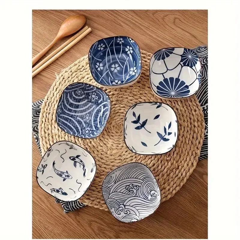 

6Pcs Vintage Blue Dipping Bowls Ceramic Japanese Style Mini Appetizer Plates Thicken Dishwasher Safe Small Side Dishes