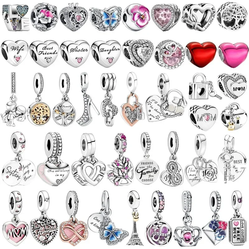 

925 Sterling Silver Love Family Mother & Daughter Heart Split Pendant DIY fine beads Fit Original Pendant Charm Bracelet Jewelry