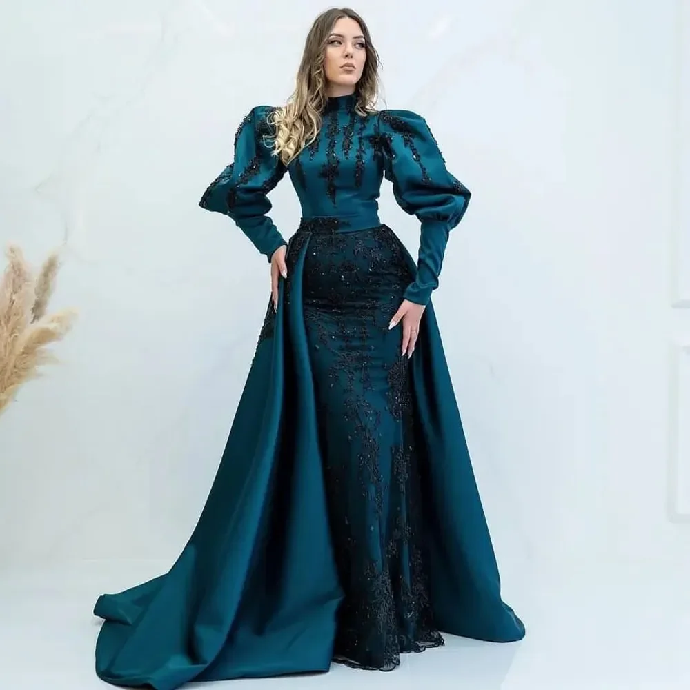 

Mermaid turtleneck Puffy Long sleeve black applique robe Wrap hip length Celebrity Evening dress Special Occasion party Dance