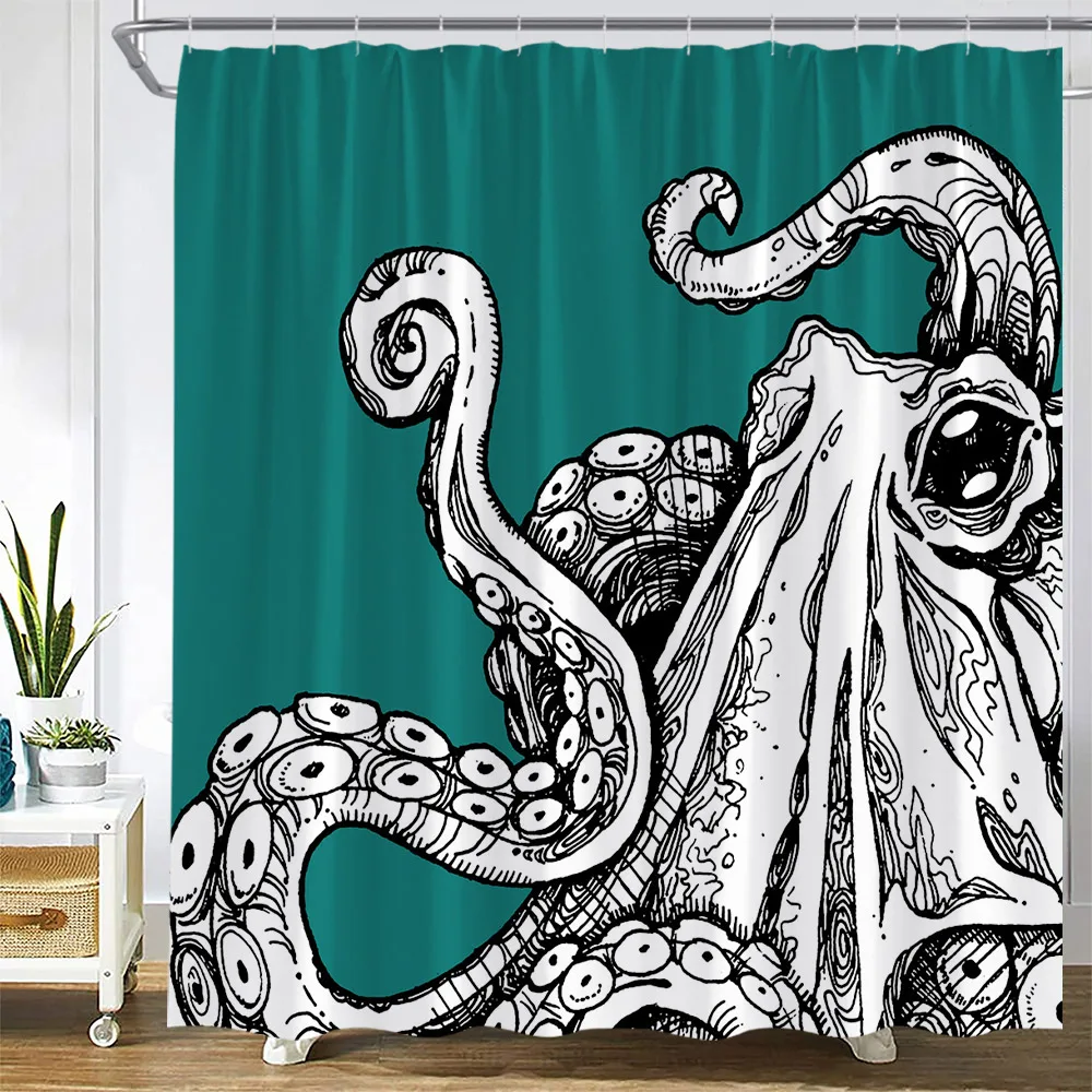 Marine Animals Octopus Shower Curtains White Tentacle Retro Map Starfish Green Plant Sea Turtle Bath Curtain Bathroom Decor Sets