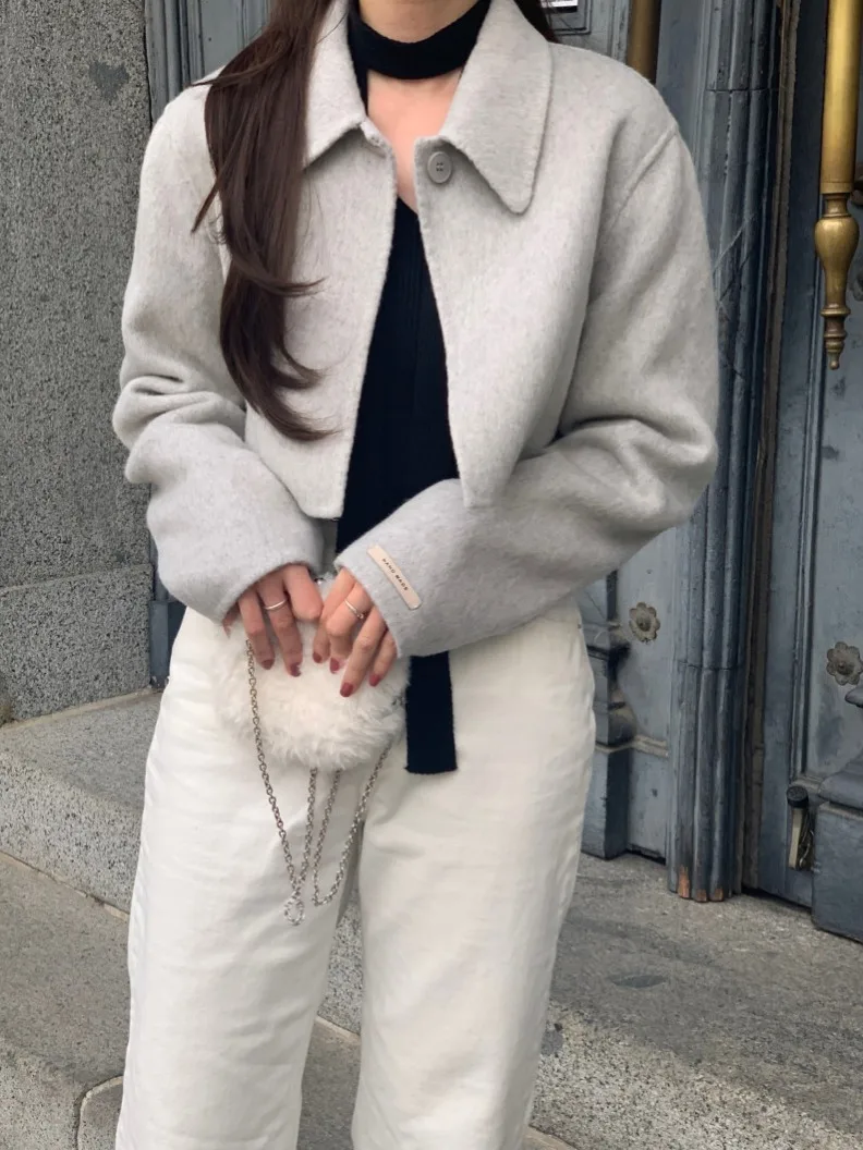 

Chic Autumnal Woolen Jaet Single Button ort Coat Collar Women's Faionable Versatile Loose Fit Small Stature Suitable