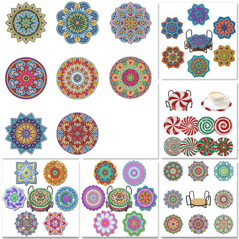 

6/8 pieces of diamond art painting coasters with brackets, DIY Mandala pattern diamond art coasters, suitable for both adults