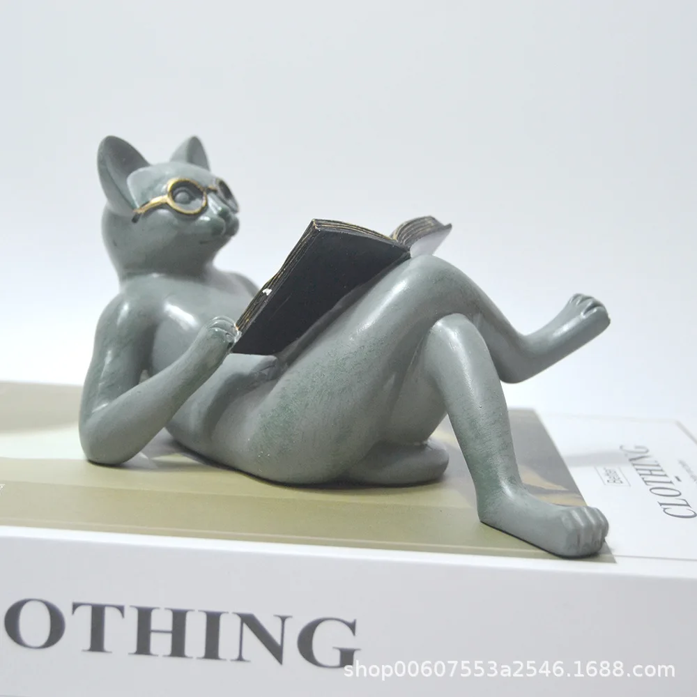 Reading Cat Statue- Resin Figurine with Book for Garden & Home Decor