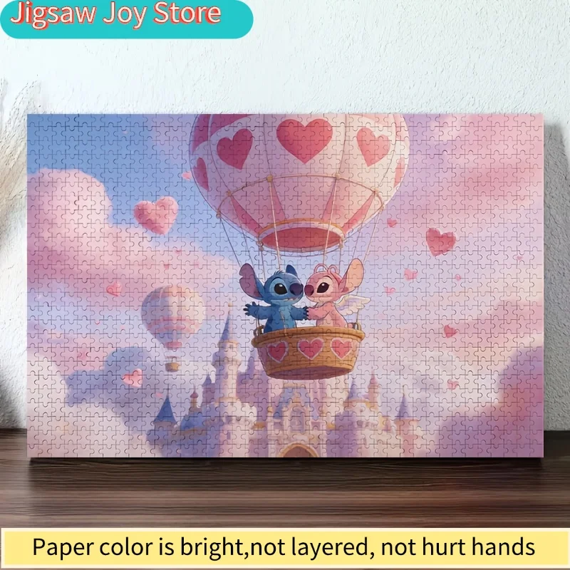 Puzzle plat 2D, 1000 pièces, couple Disney Stitch et Angel |   Montgolfière en forme de cœur, puzzle Disney mignon, cadeau romantique pour couple, décoration intérieure