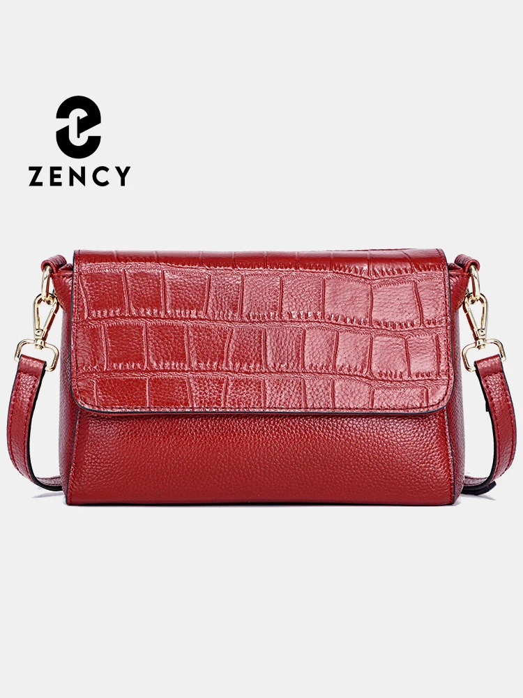 Zency Women Small Shoulder Bag Genuine Leather Handbag Dark Red Two Straps Ladies Crossbody For Cell Phone Satchel Large Pockets