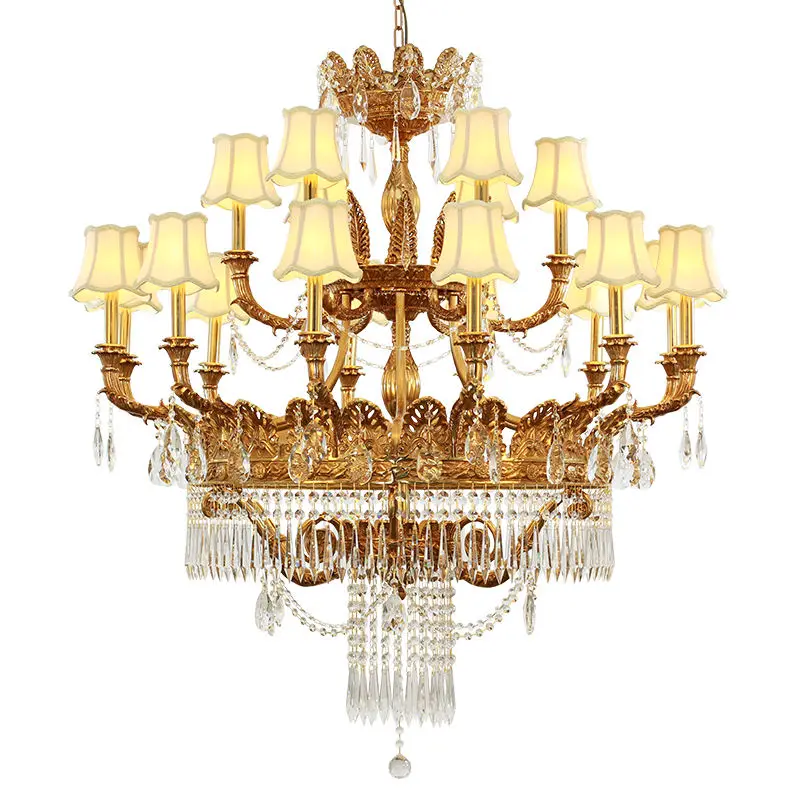 Classic Fabric Lamp Shade Crystal Hanging Lights Lobby Pendant Lamp High Ceiling Crystal Luxury Chandelier Dubai