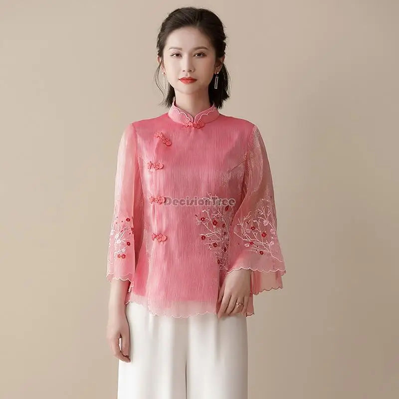 2024 women's tanguits cheongsam top retro chinese style improved  standing collar plate buckle lady zen tea srt suit blouse