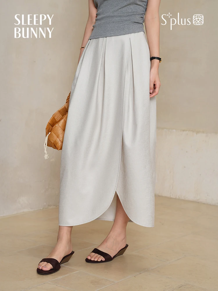 Tulip Hem High Waist Midi Skirt Women Summer Split Front Design Elegant A-Line Skirt Flowing Mid-Length Skirt Pleated Detail