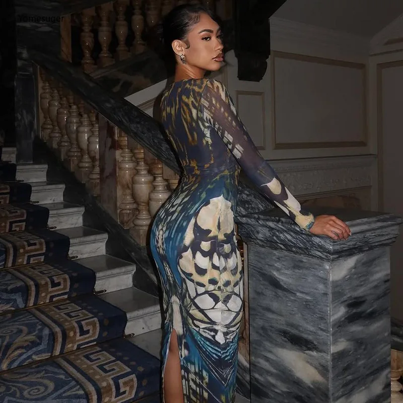 فستان ماكسي نسائي من Yomesugar مطبوع عليه فراشة أنيق برقبة على شكل حرف v وحلقة معدنية مجوفة وأكمام طويلة ملابس نادي منتصف الليل #3