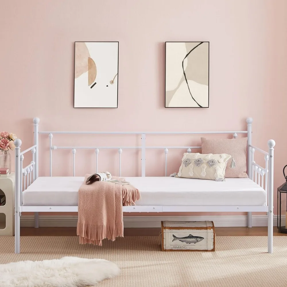 

Twin Size Metal Daybed Frame with Headboard Heavy Duty Steel Slats Support Easy Assembly for Bedroom Living Room Guest