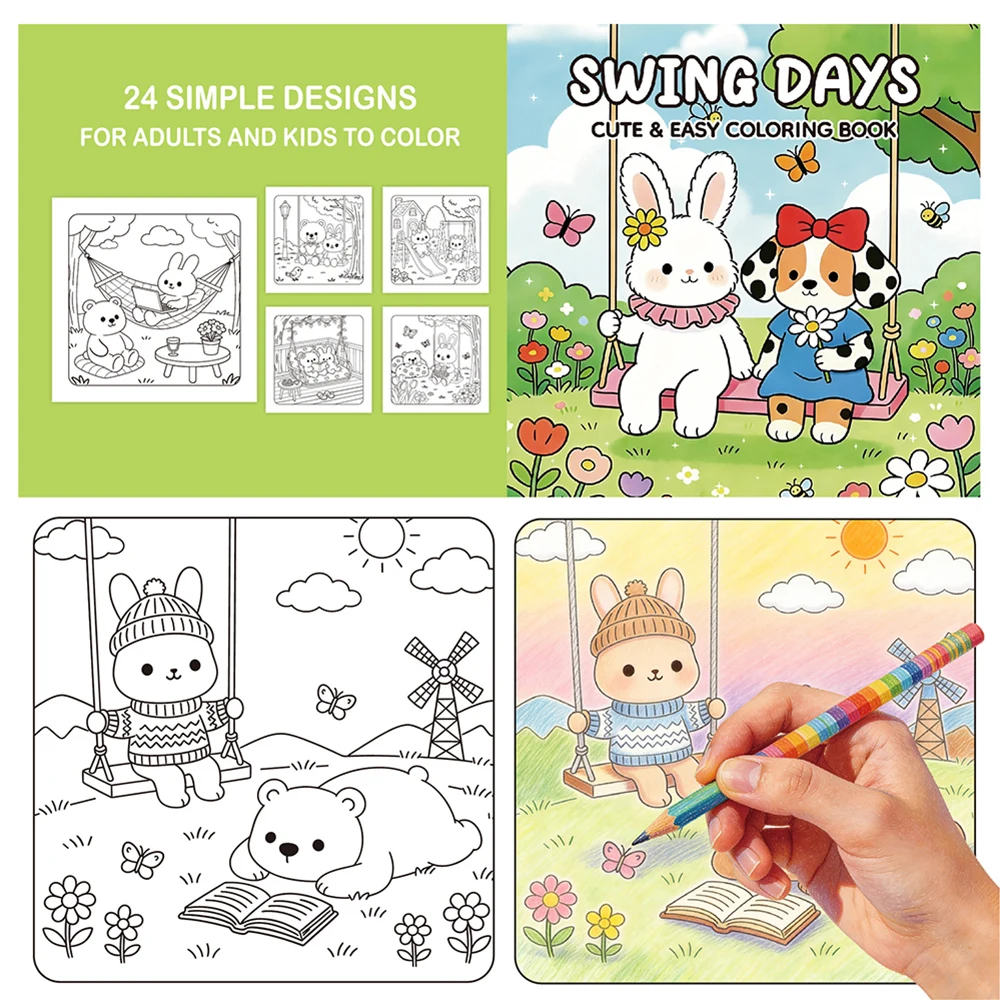 

24 page Coloring book for stress relief, warmth, comfort, and cute cartoon animal characters