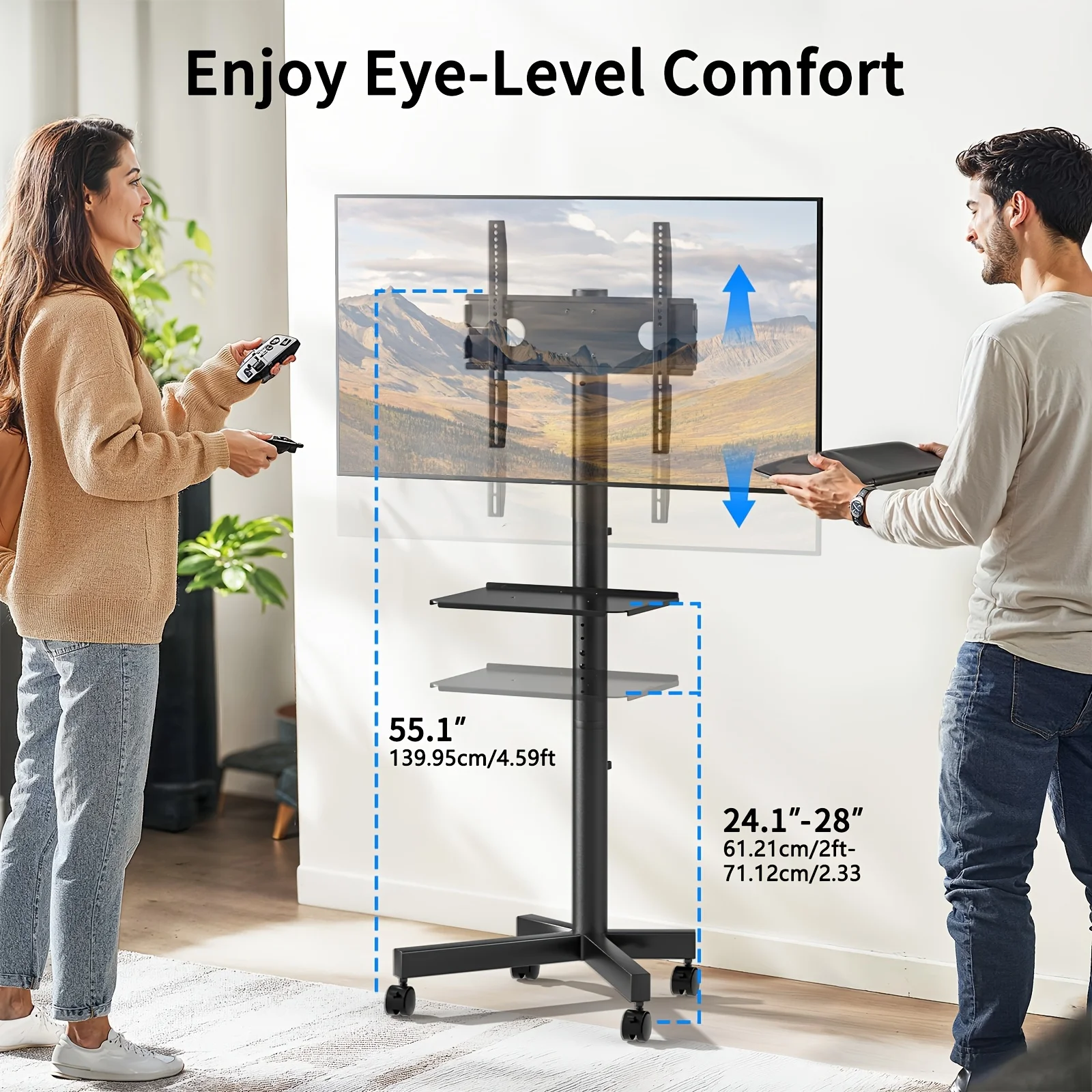Height Adjustable Rolling TV Cart with Lockable Wheels