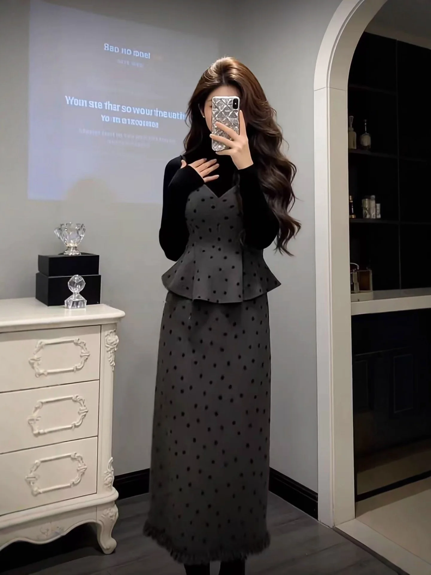 

Winter plus Size Women's Polka Dot Long Sve Dr Set High Waist Korean Sle Faionable Casual Date Wear Two Piece Suit