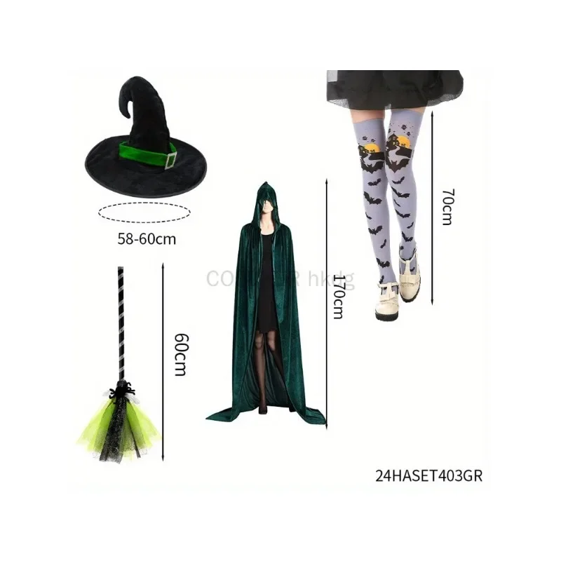 Halloween Witch Costumes Set Black Pointed Witch Hat Dark Purple Cosplay Wig Nylon Stockings for Women Performance Accessories