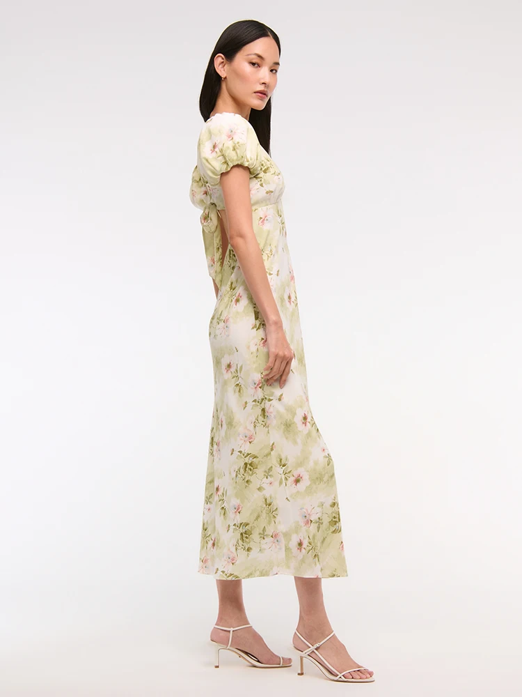 VC Elegant Floral V-Neck Midi Dress with Puff Sleeves and Back Cut-Out for a Spring Party